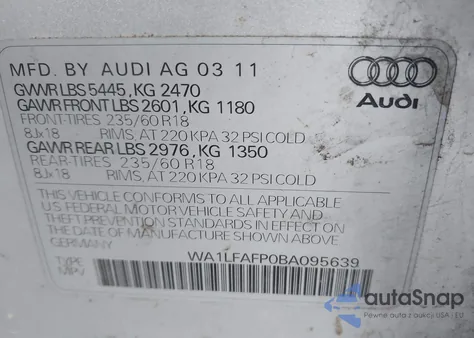 2011 Audi Q5 2.0T Premium from USA, damaged, VIN WA1LFAFP0BA095639